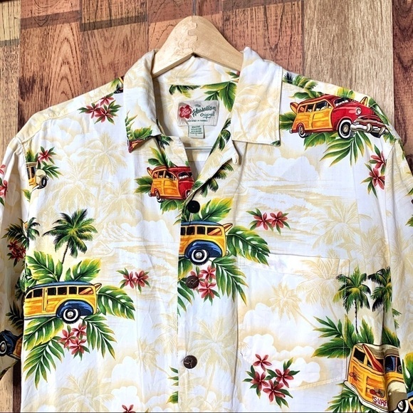 Hilo Hattie Hawaiian Shirt Woodie Car & Palm Tree Print – Size Large - Picture 4 of 9